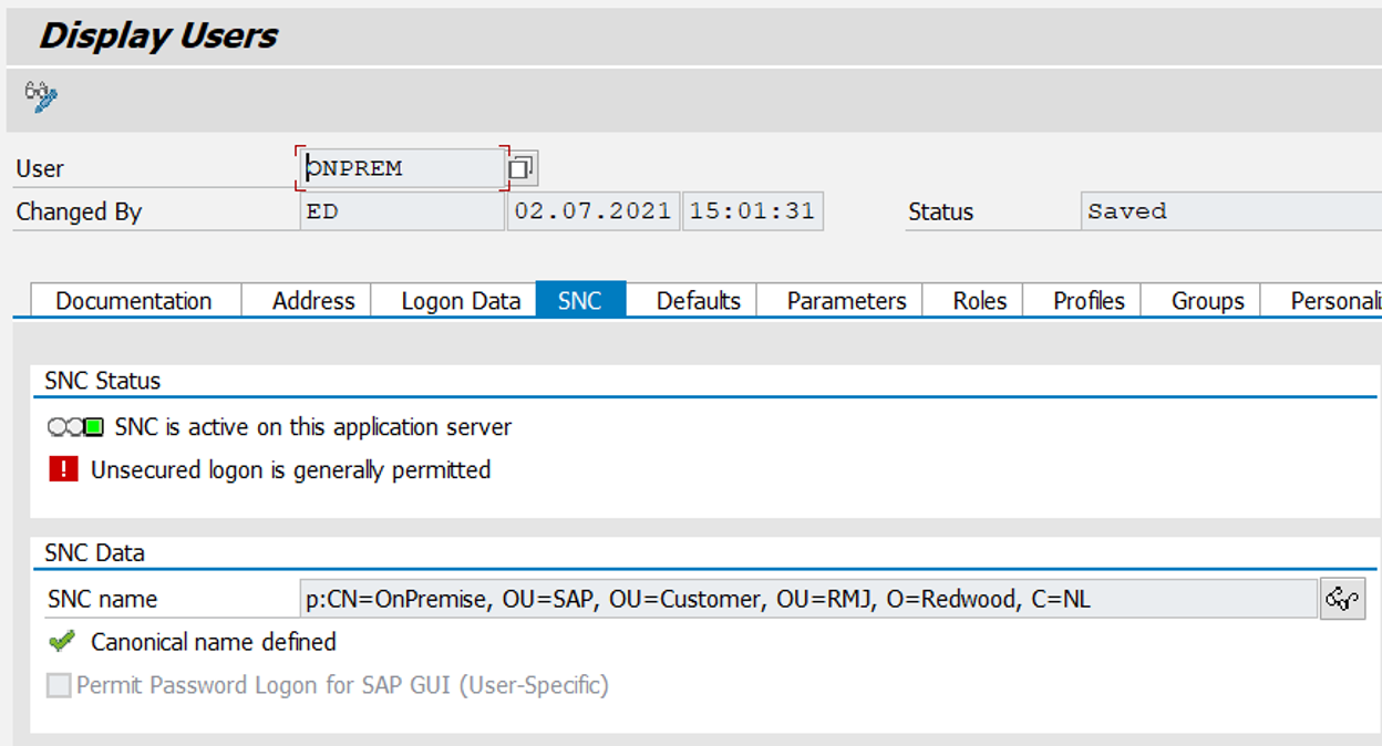 Image showing a User's SNC settings