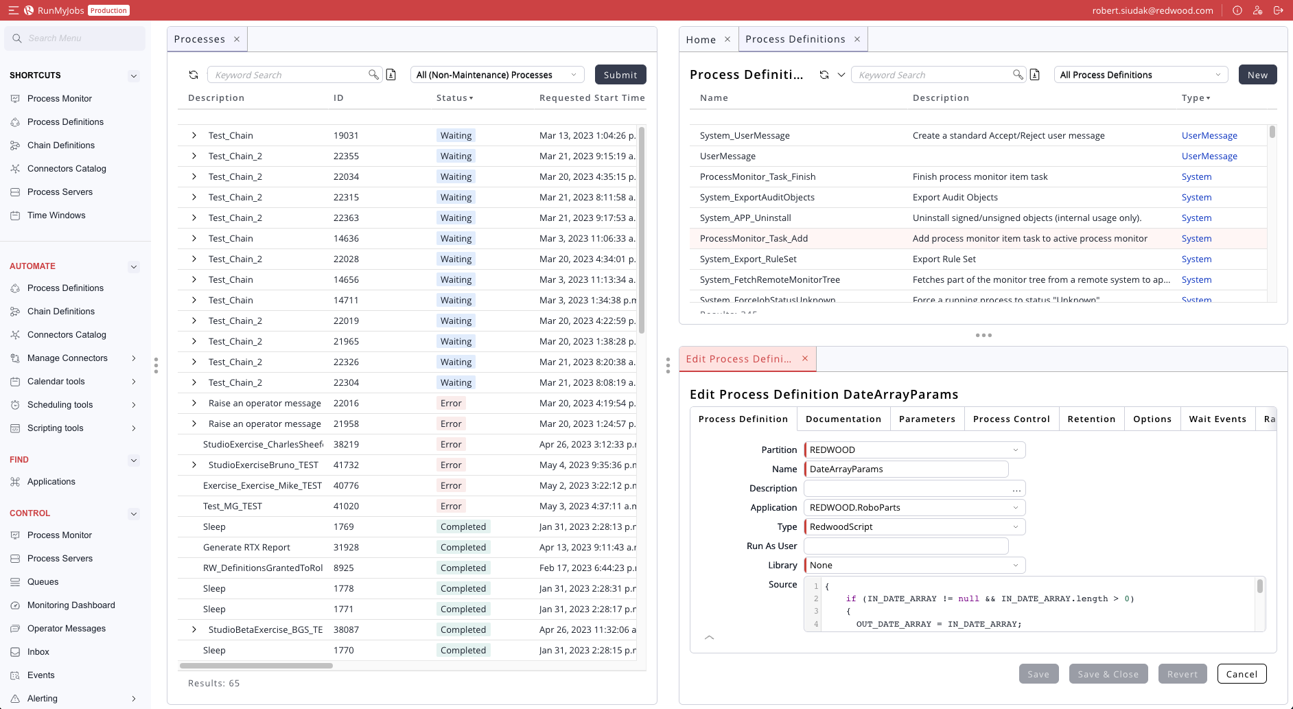 Capture of 3 panels, 'Processes' monitor, 'Home' screen, and a process definition editor panel